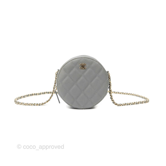Chanel Classic Quilted Round Clutch With Chain Grey Caviar Gold Hardware