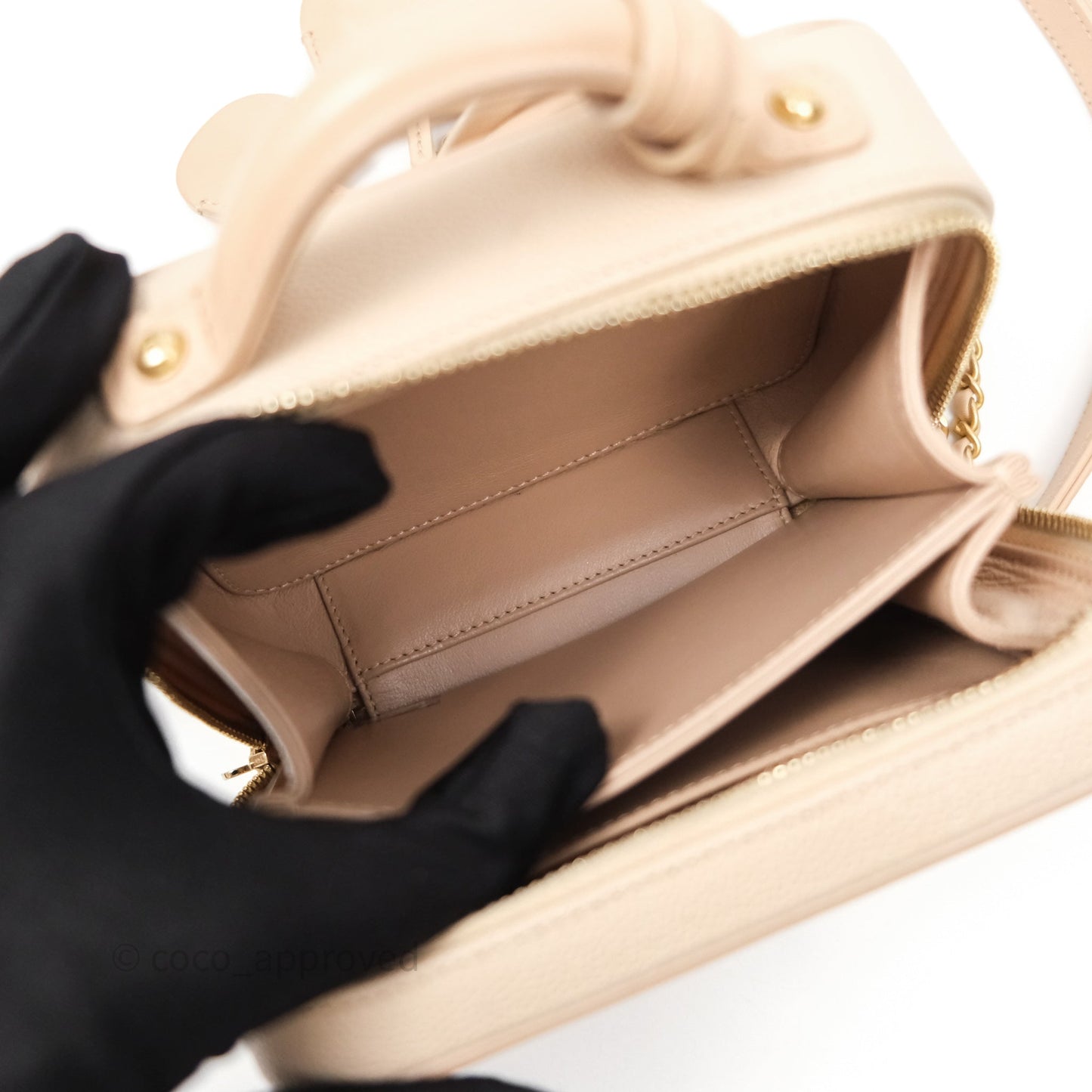 Chanel Quilted Small CC Filigree Vanity Case Beige Caviar Gold Hardware