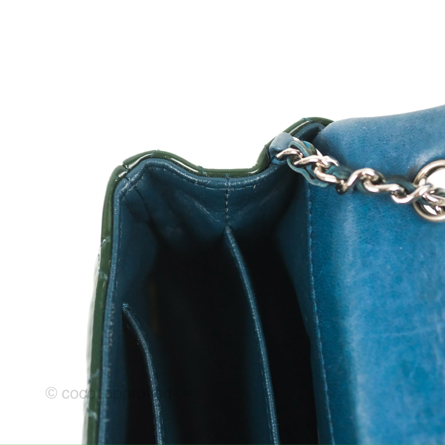 Chanel Quilted Extra Mini Rectangular Flap Teal Patent Silver Hardware