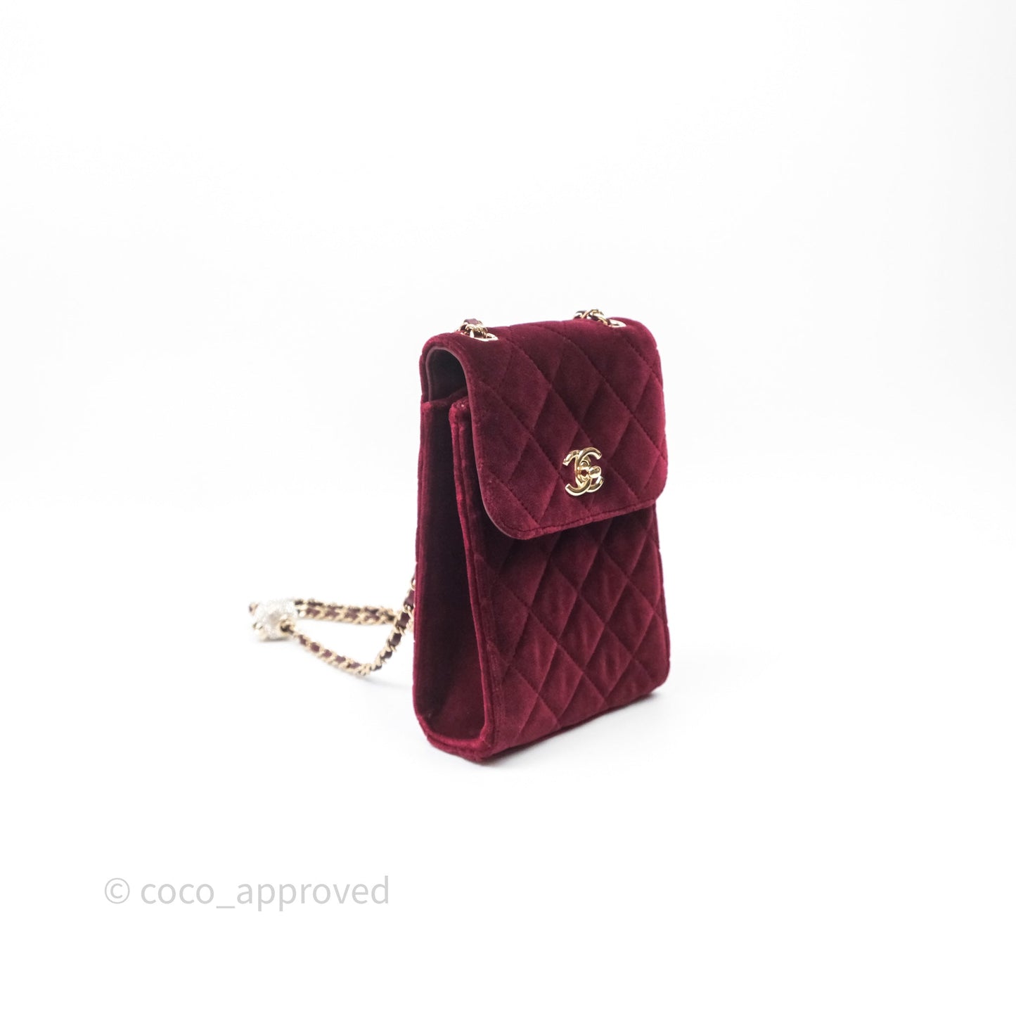 Chanel Quilted Phone Holder Crystals Pearl Crush Red Velvet Gold Hardware