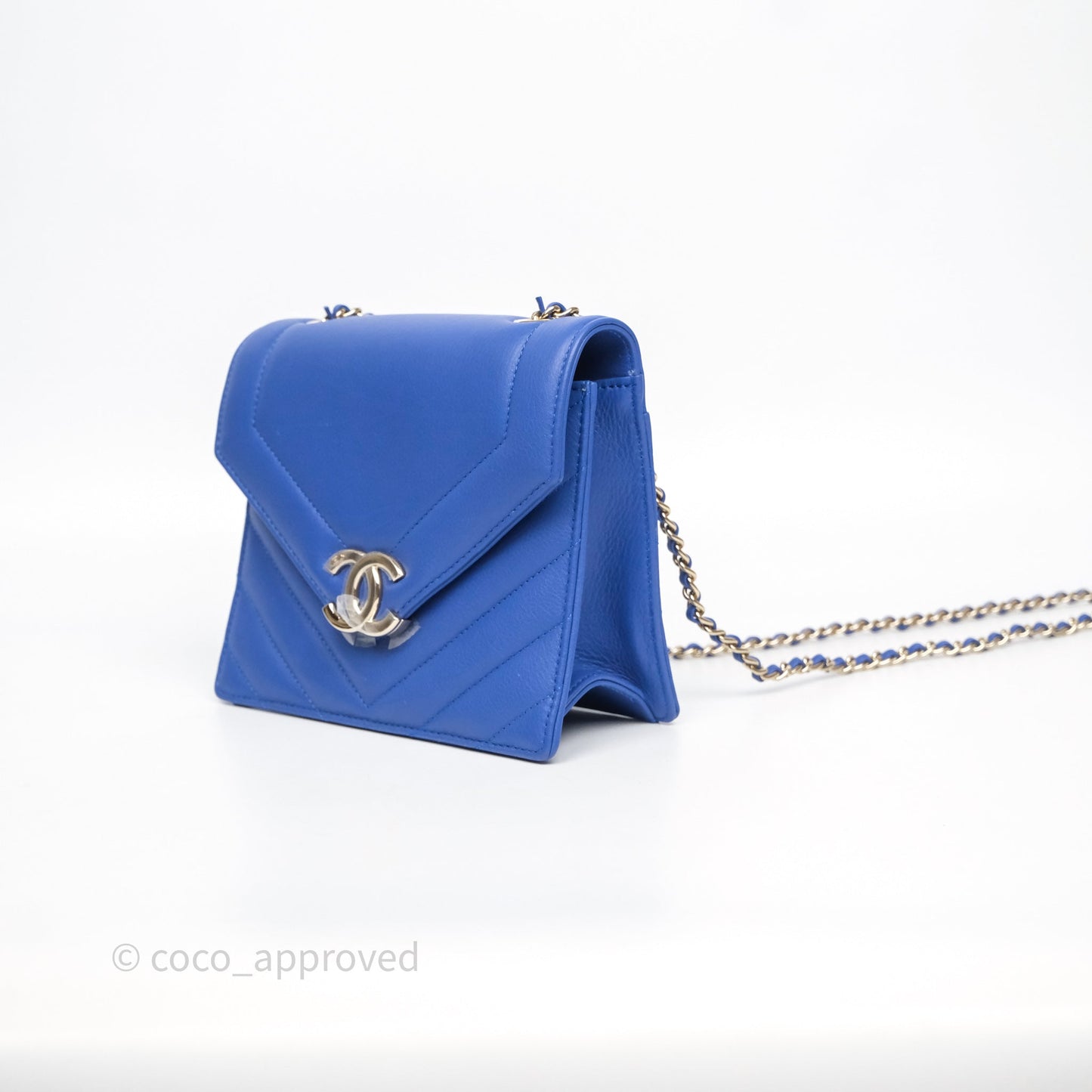 Chanel Chevron Square Envelope Flap Bag Royal Blue Calfskin Gold Hardware 19C