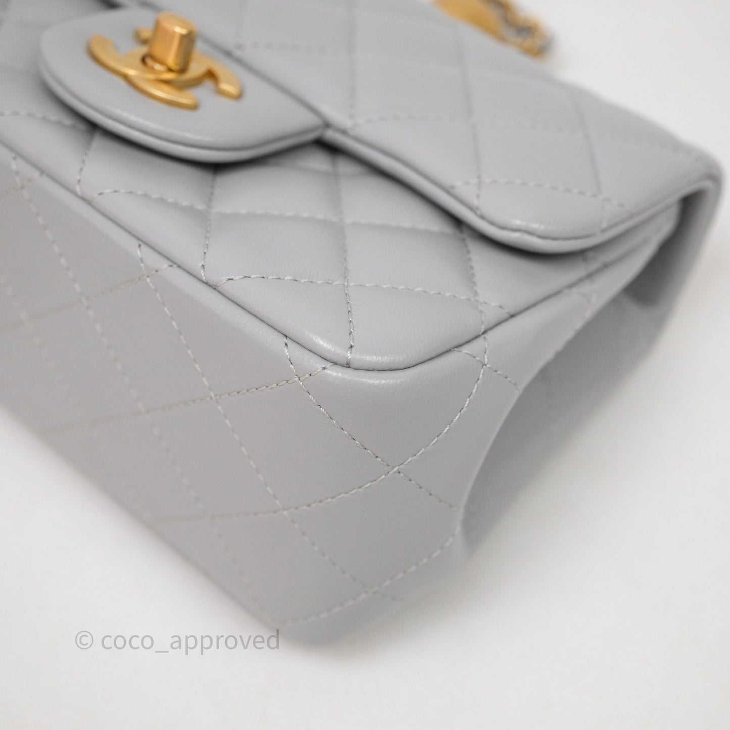 Chanel Pearl Crush Mini Square Quilted Grey Lambskin Aged Gold Hardware