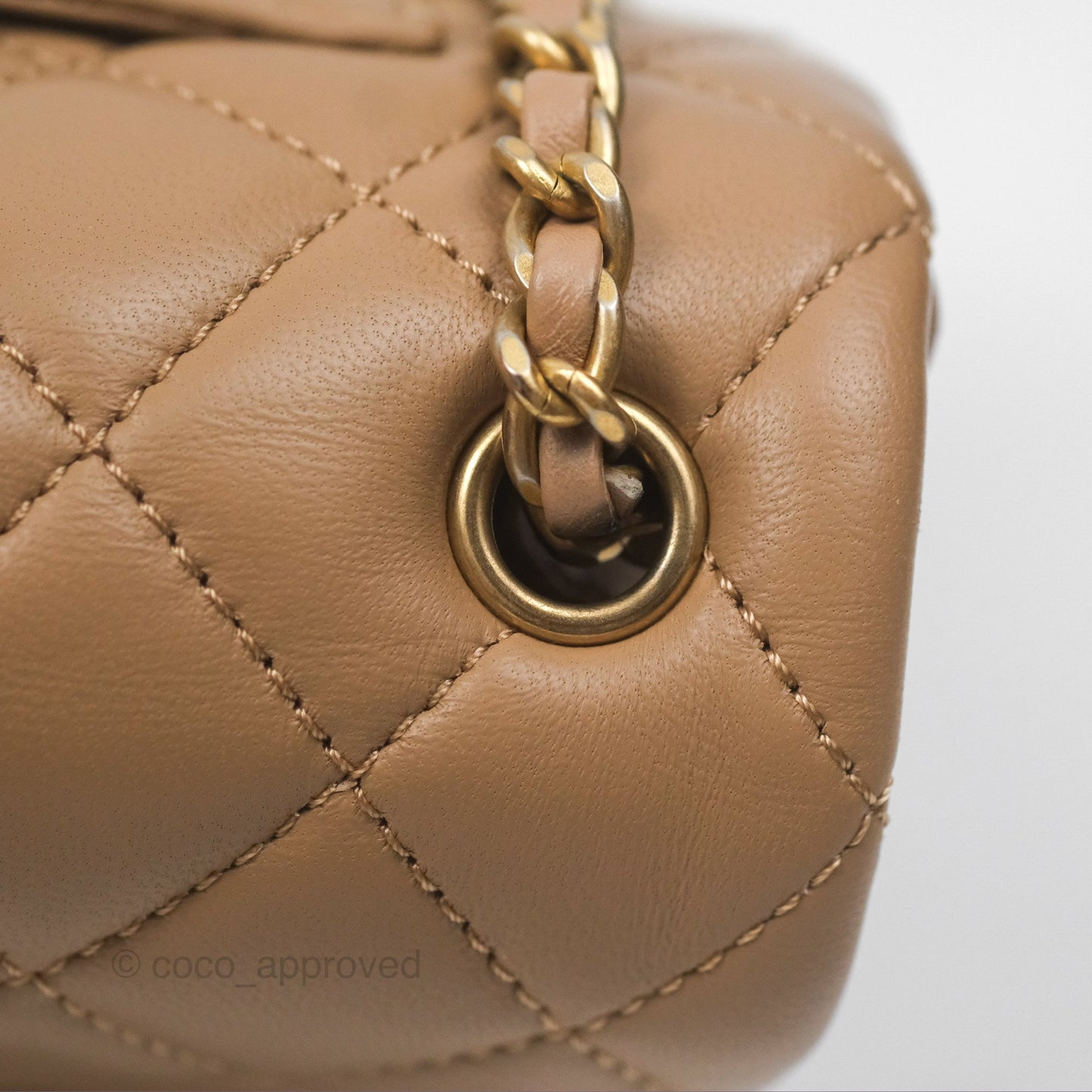 Chanel Mini Rectangular Pearl Crush Quilted Beige Lambskin Aged Gold Hardware