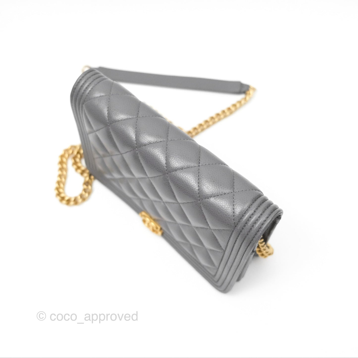 Chanel Quilted Boy Wallet on Chain WOC Grey Caviar Aged Gold Hardware