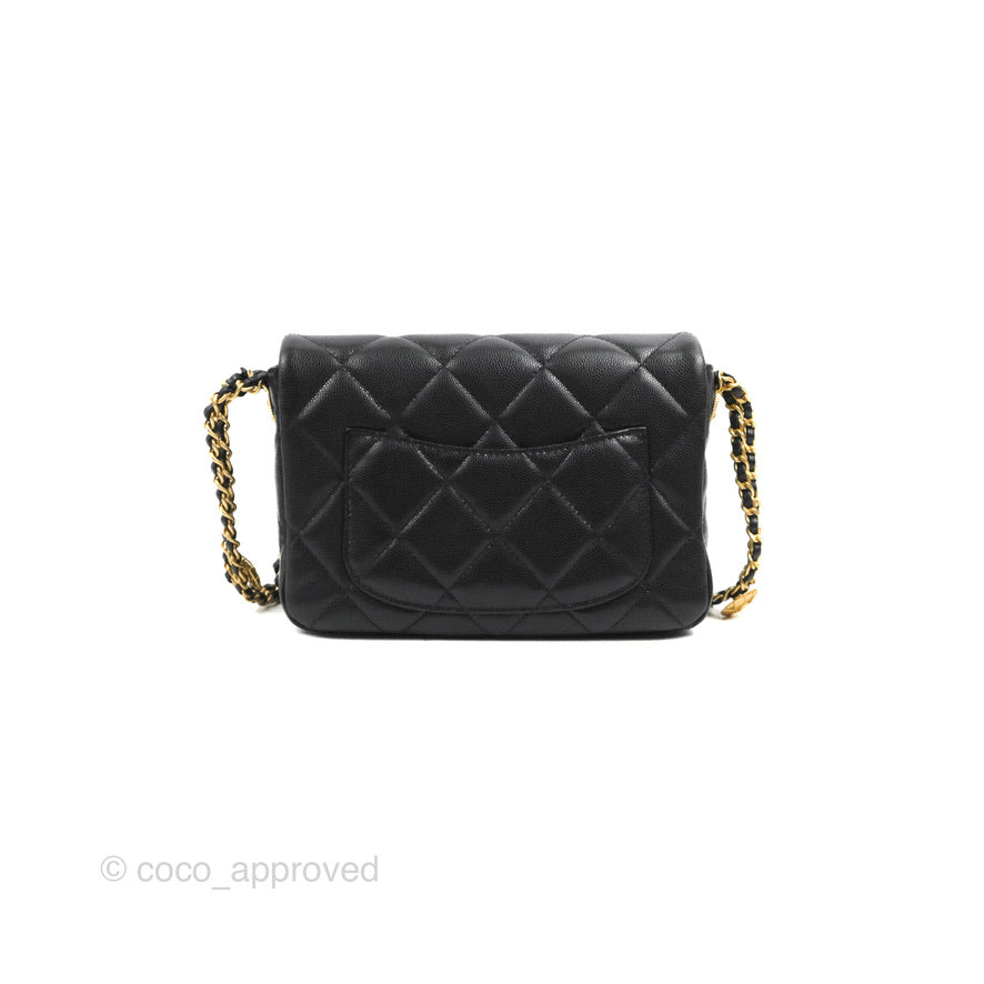 Chanel Small Flap with Coin Charm Black Caviar Aged Gold Hardware 22A