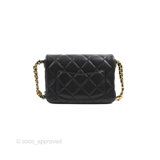 Chanel Small Flap with Coin Charm Black Caviar Aged Gold Hardware 22A
