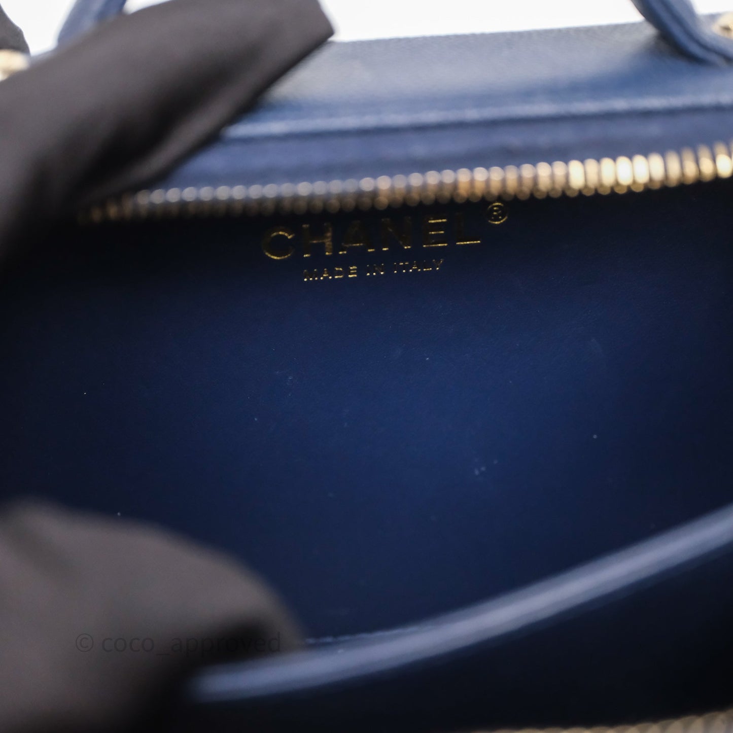 Chanel Quilted Small CC Filigree Vanity Case Navy Caviar Gold Hardware