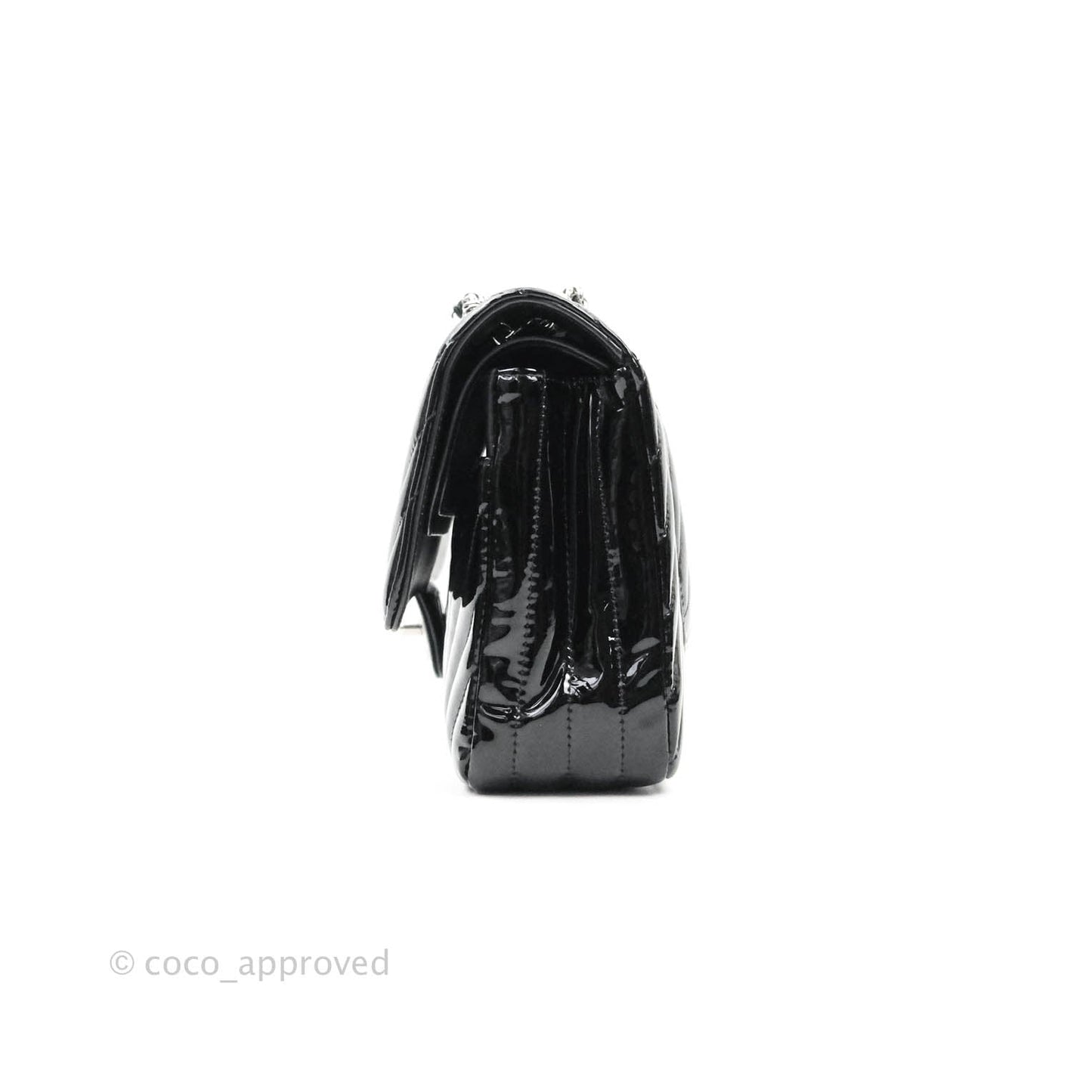 Chanel Classic Chevron M/L Medium Double Flap Black Patent Silver Hardware