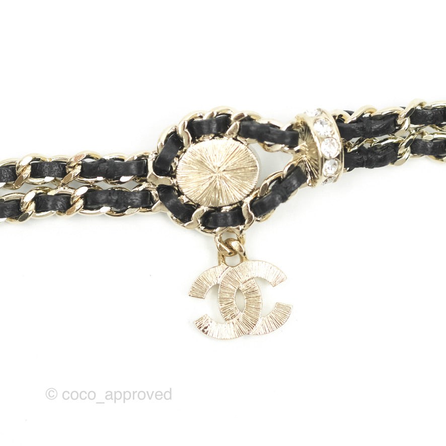 Chanel Black Leather Chain Braided Pearl Crystal CC Drop Choker Gold Tone 21B