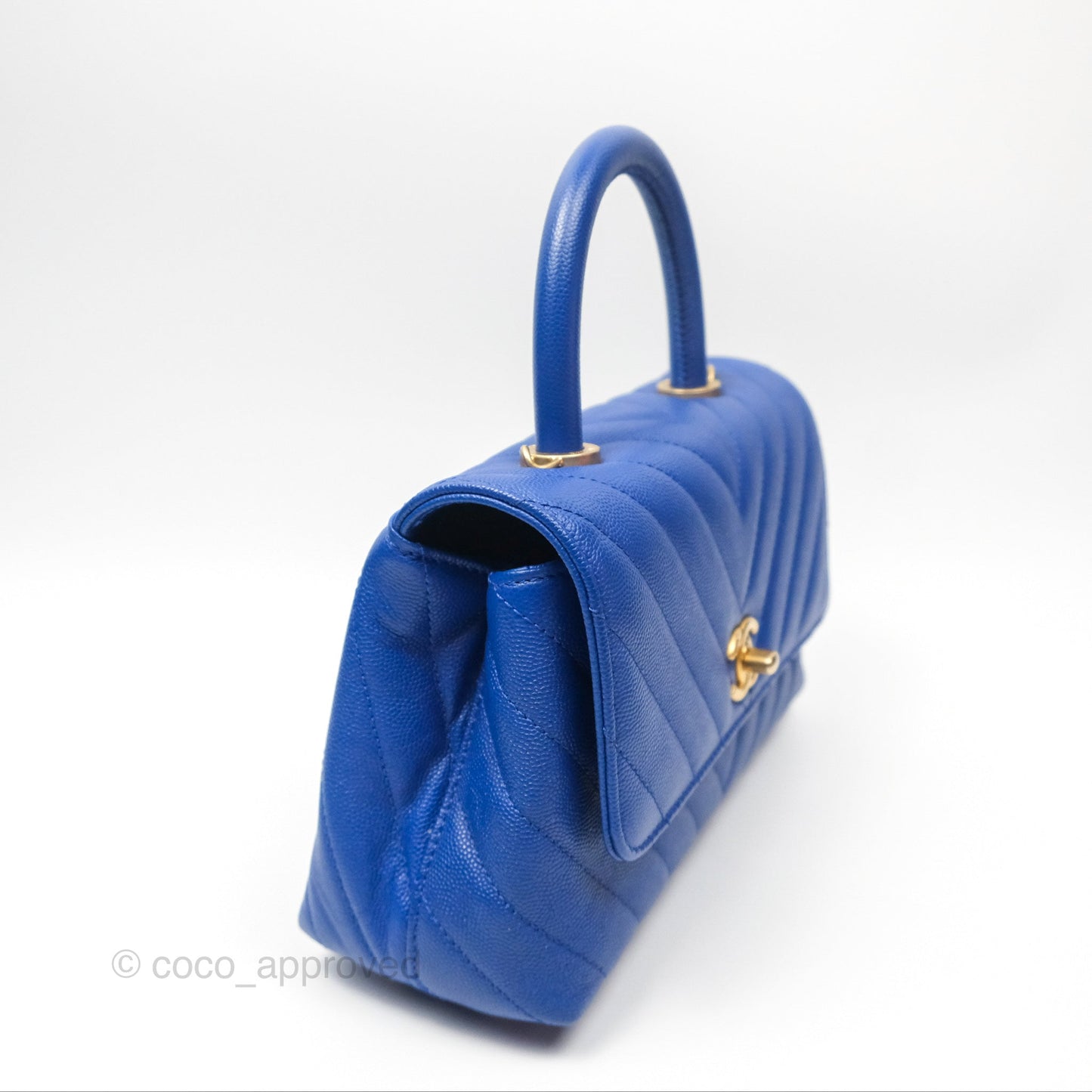 Chanel Small Coco Handle Chevron Blue Caviar Aged Gold Hardware