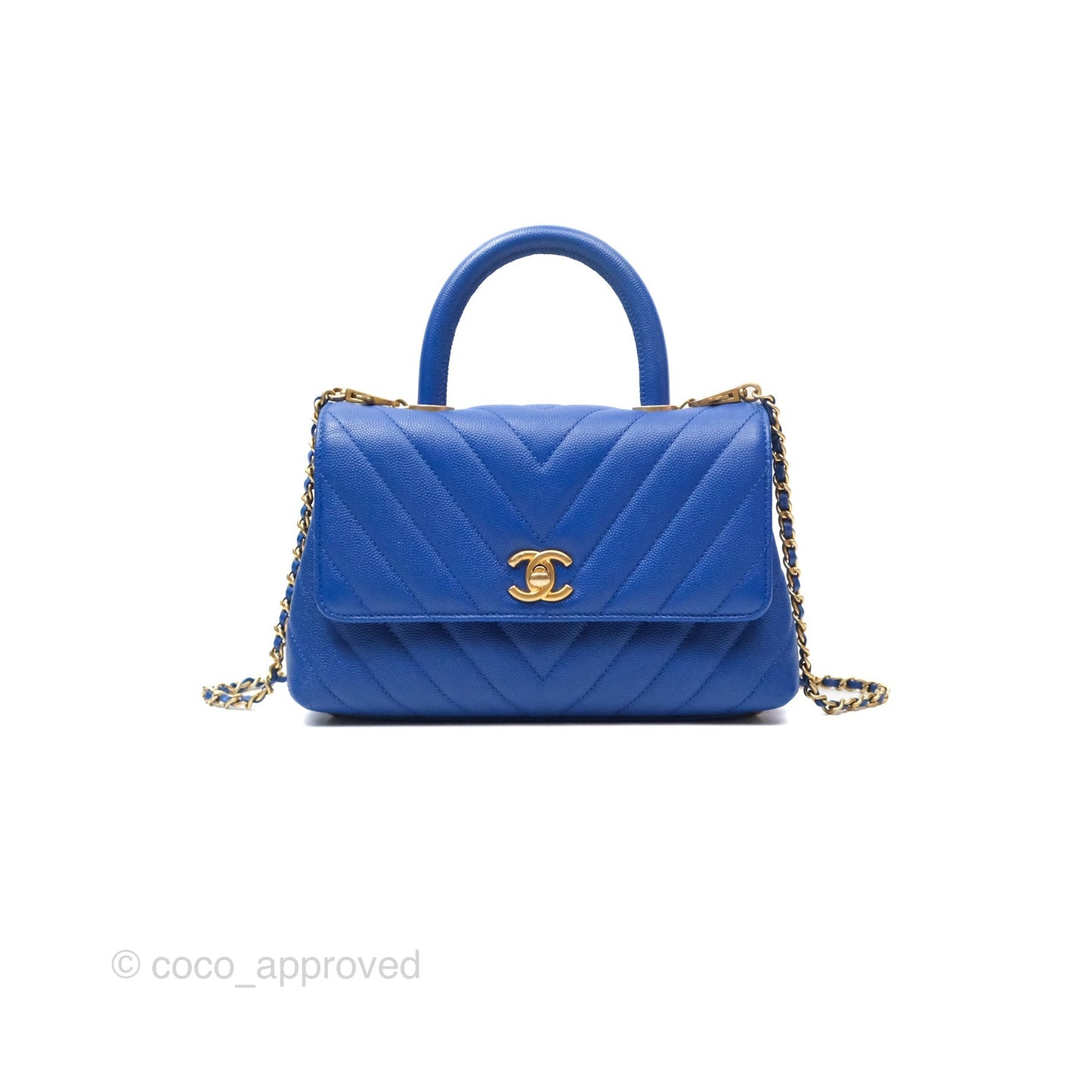 Chanel Small Coco Handle Chevron Blue Caviar Aged Gold Hardware
