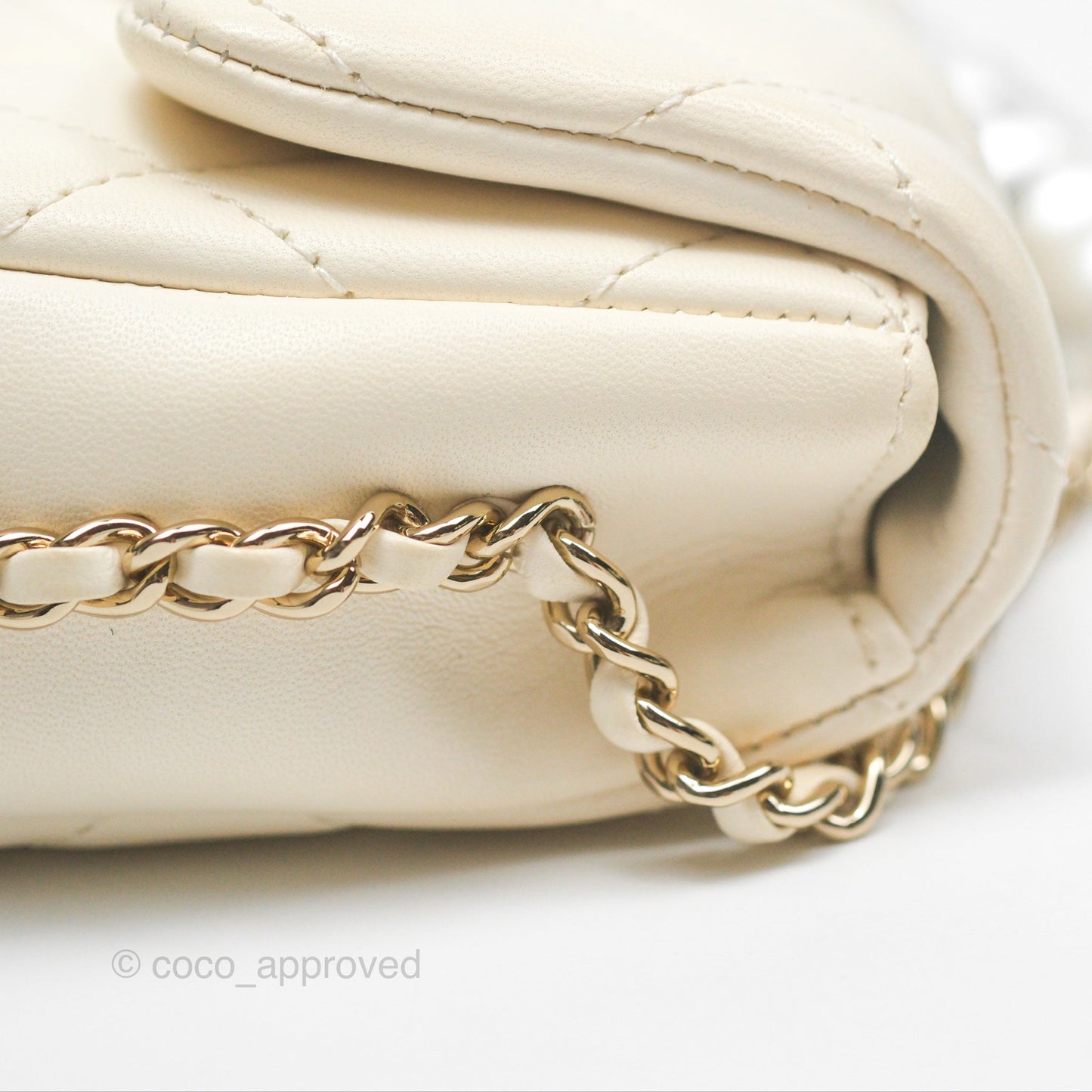Chanel Small Logo Pearl Chain Flap Bag White Lambskin Gold Hardware