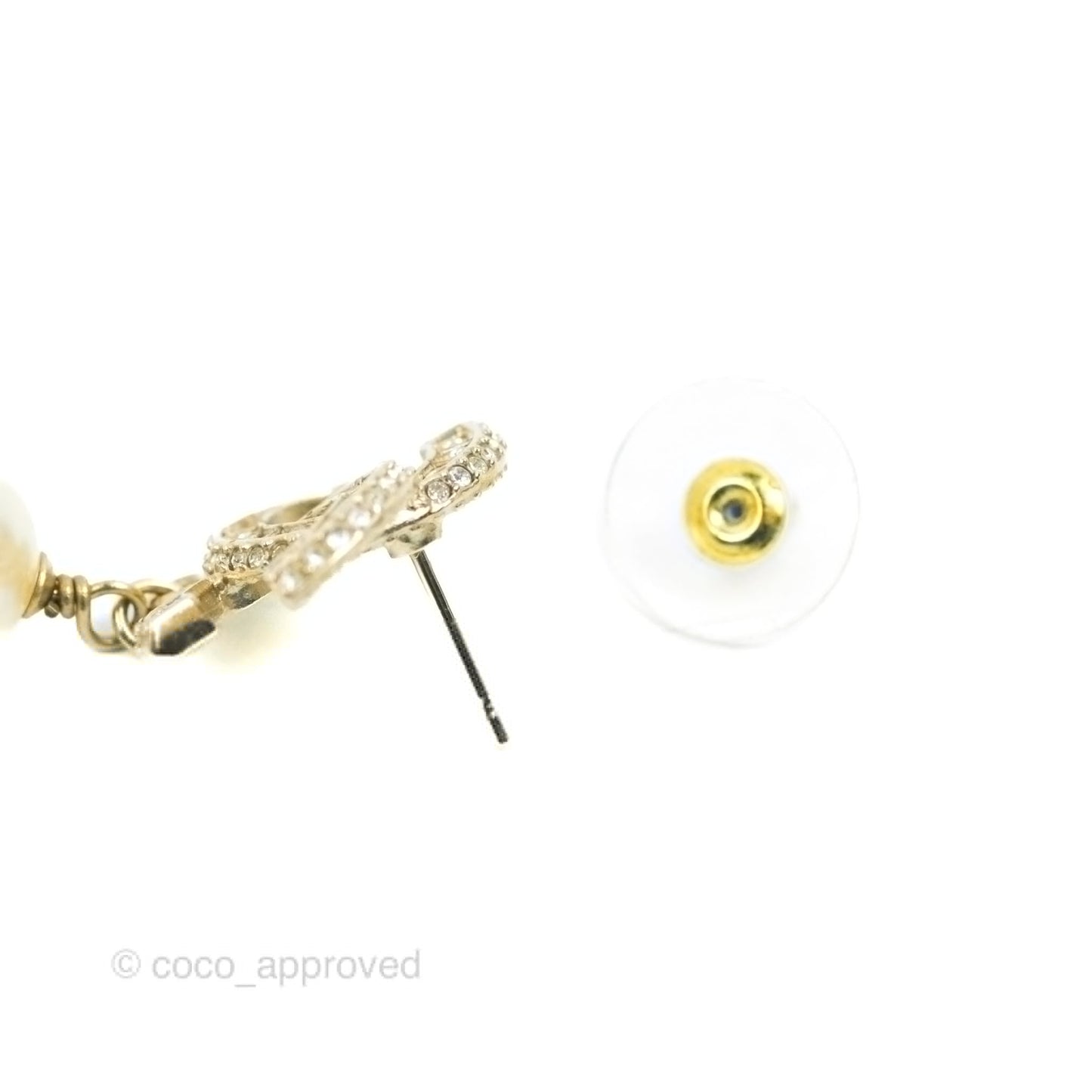 Chanel CC Rhinestone Pearl Drop Earrings Gold Tone