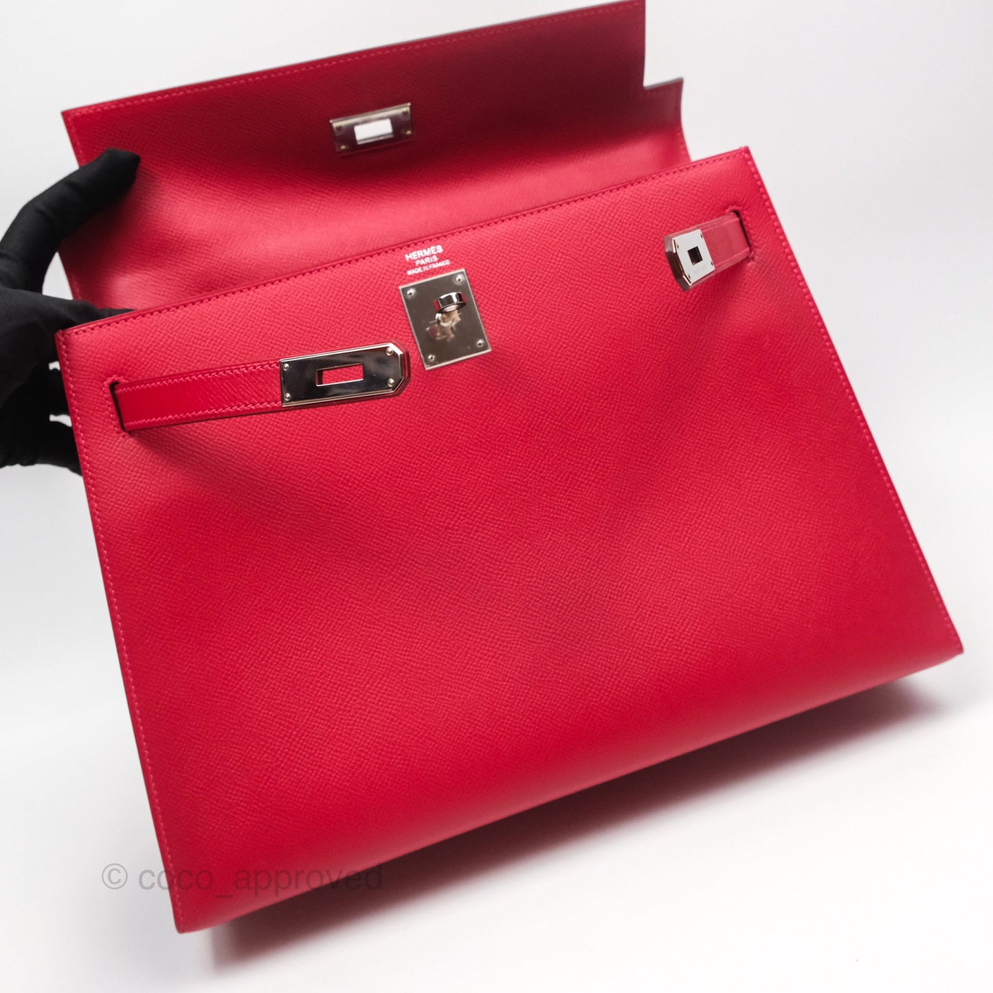 Hermès Kelly 32 Sellier Rouge Casaque Q5 Epsom Palladium Hardware