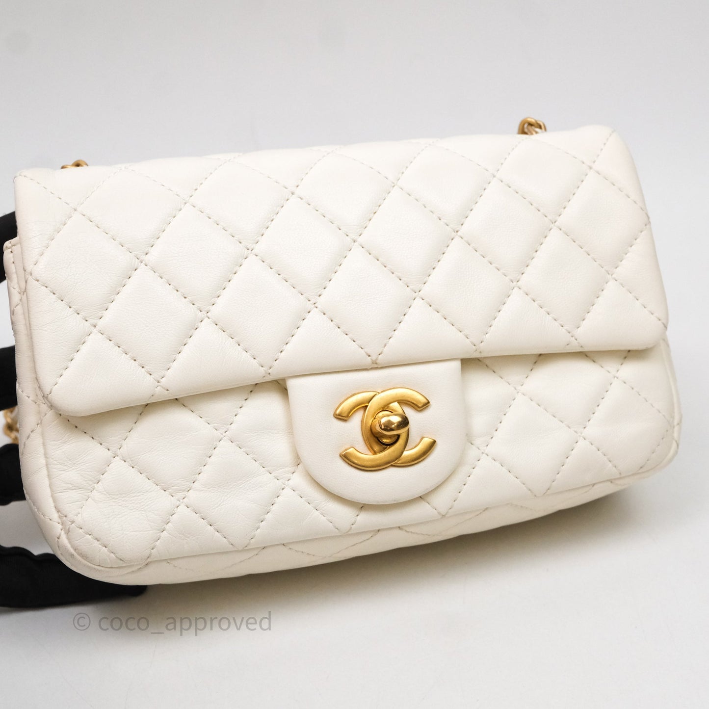 Chanel Mini Rectangular Pearl Crush White Lambskin Aged Gold Hardware