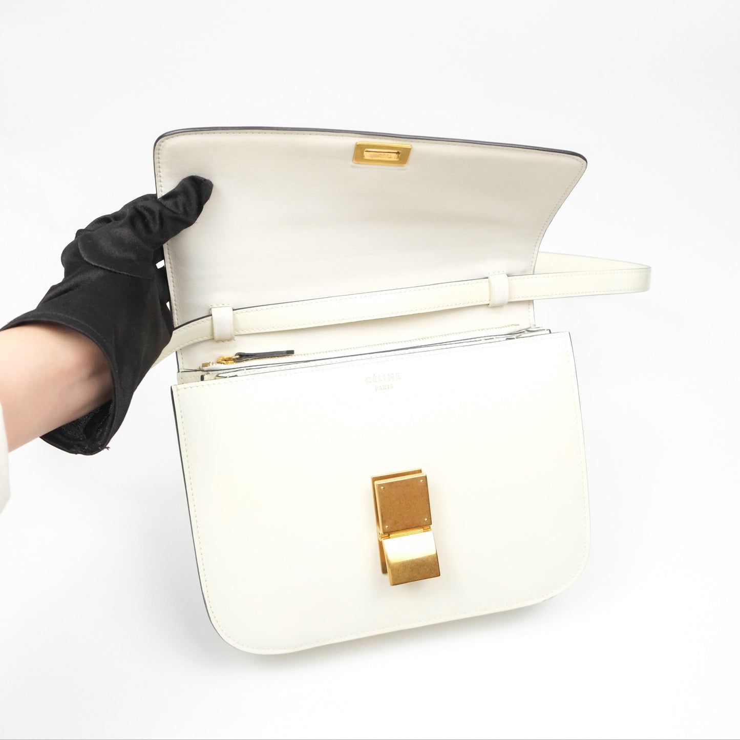 Celine Medium Classic Box Flap White Patent Gold Hardware