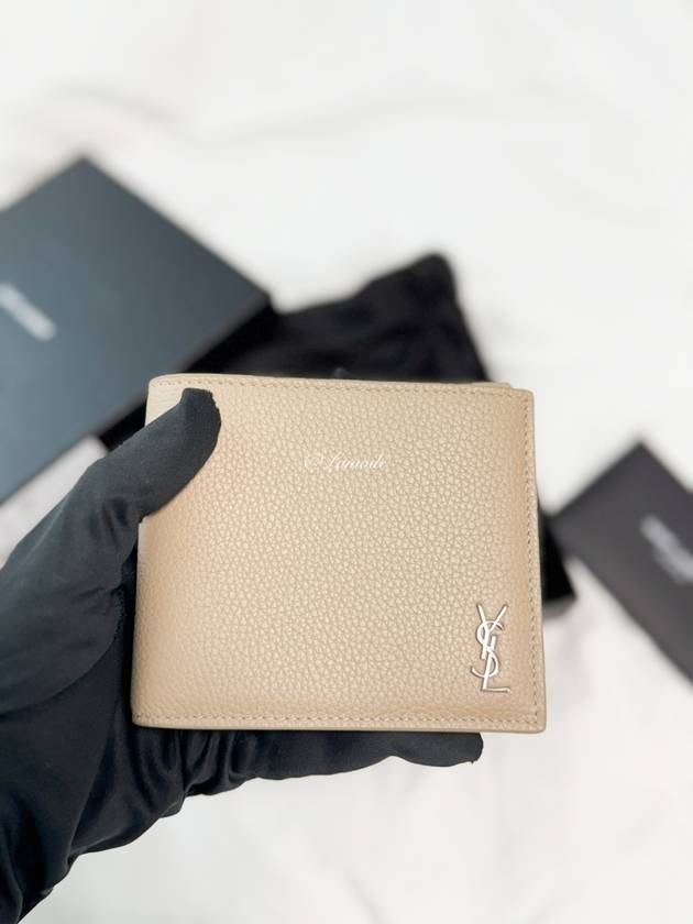 Luxury Saint Laurent Tiny Cassandre Logo Plaque Half Wallet Beige