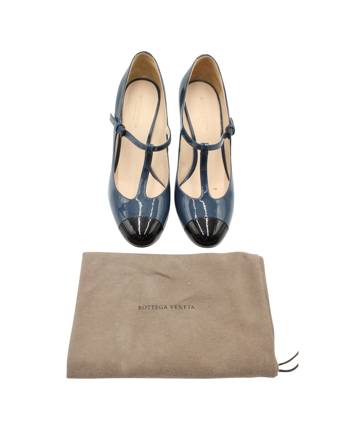 Luxury Bottega Veneta T-Strap Two-Toned Mary Janes in Blue Patent Leather