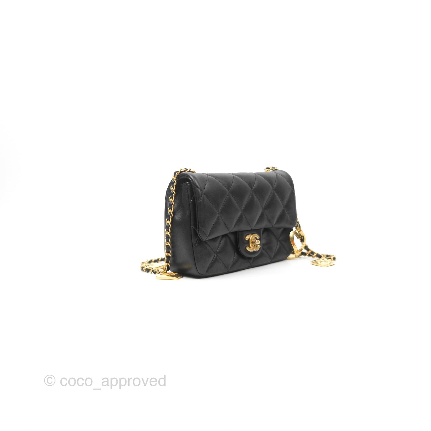 Chanel Mini Flap Bag With Heart CC Charm Black Lambskin Aged Gold Hardware