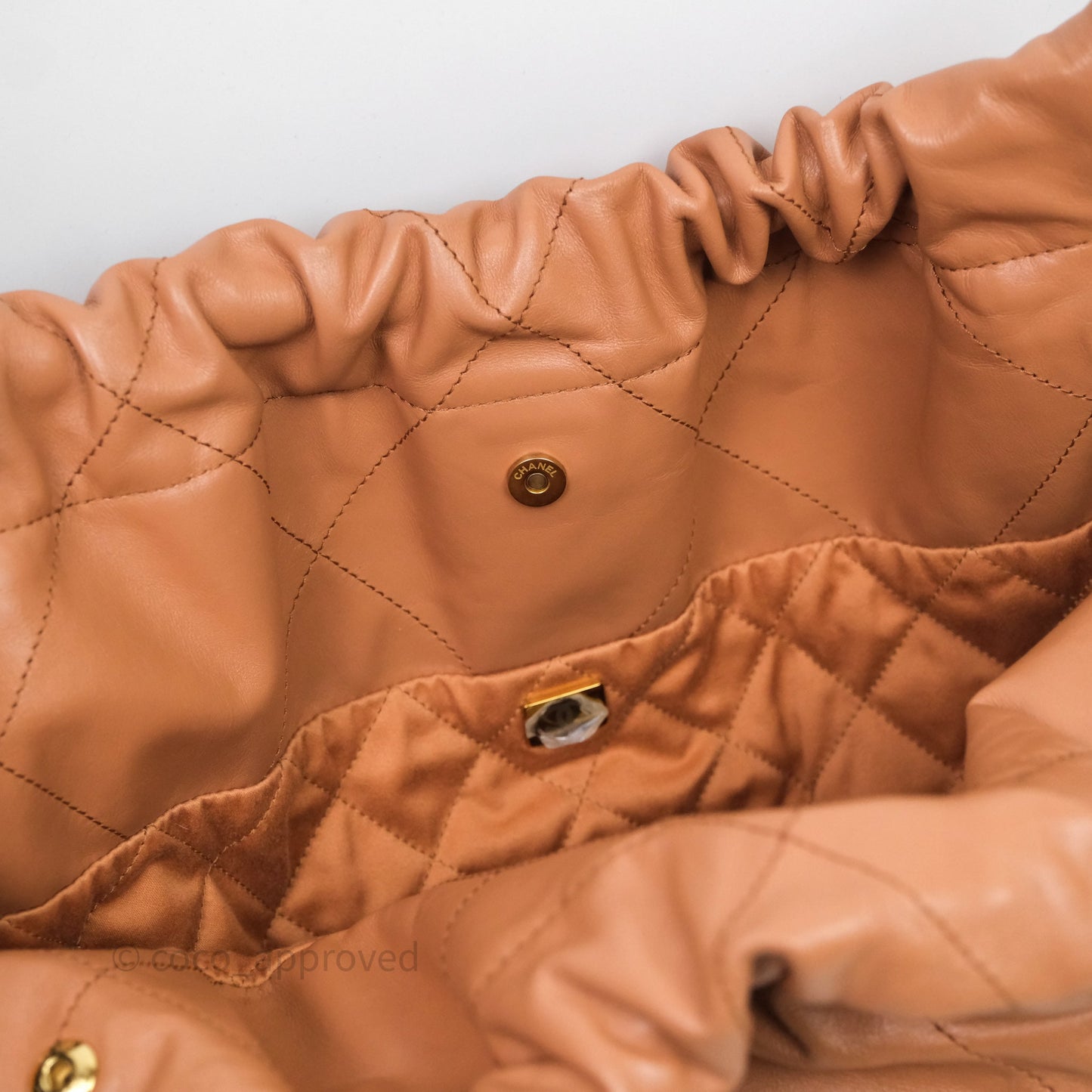 Chanel 22 Small Caramel Beige Shiny Calfskin Aged Gold Hardware