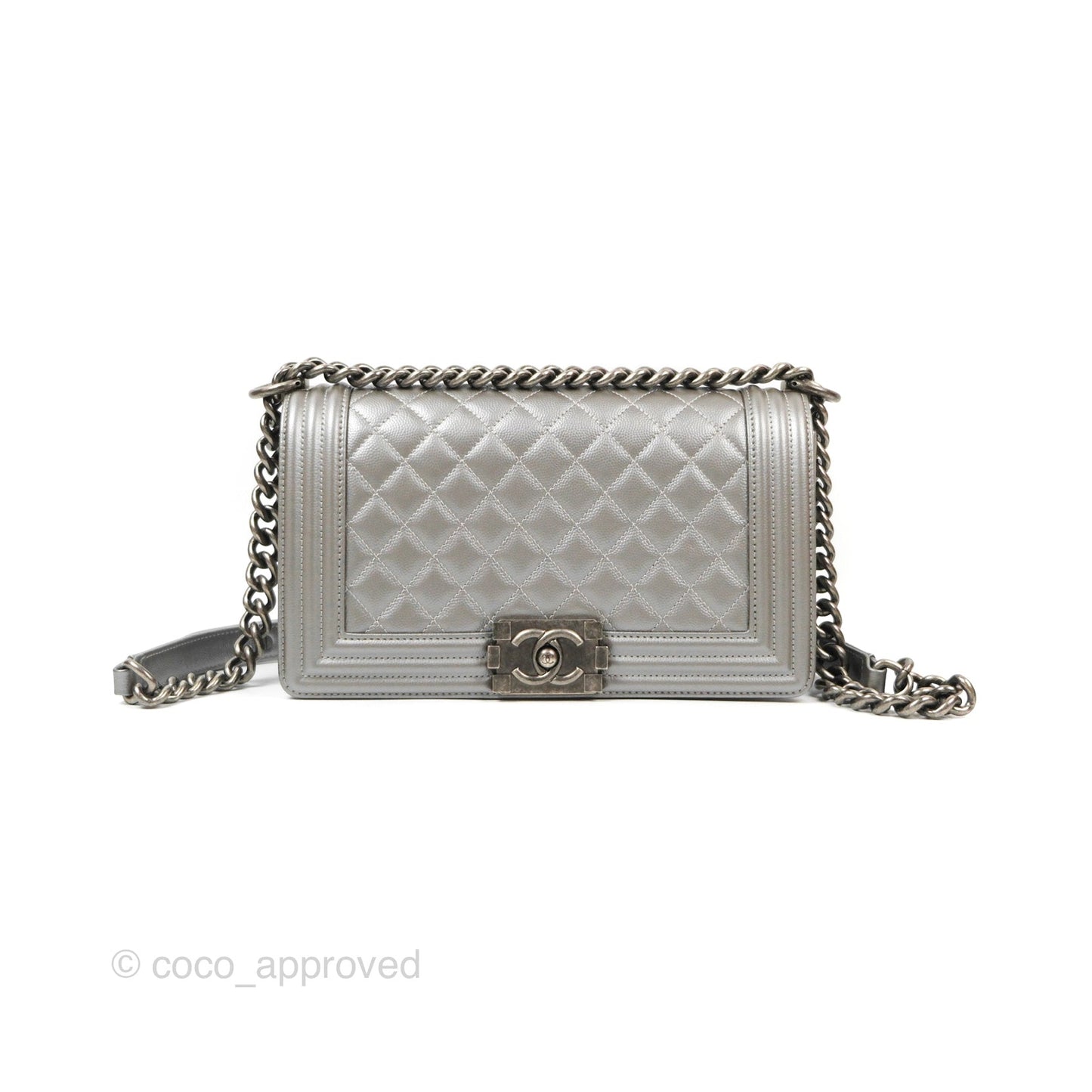 Chanel Quilted Medium Boy Silver Caviar Ruthenium Hardware