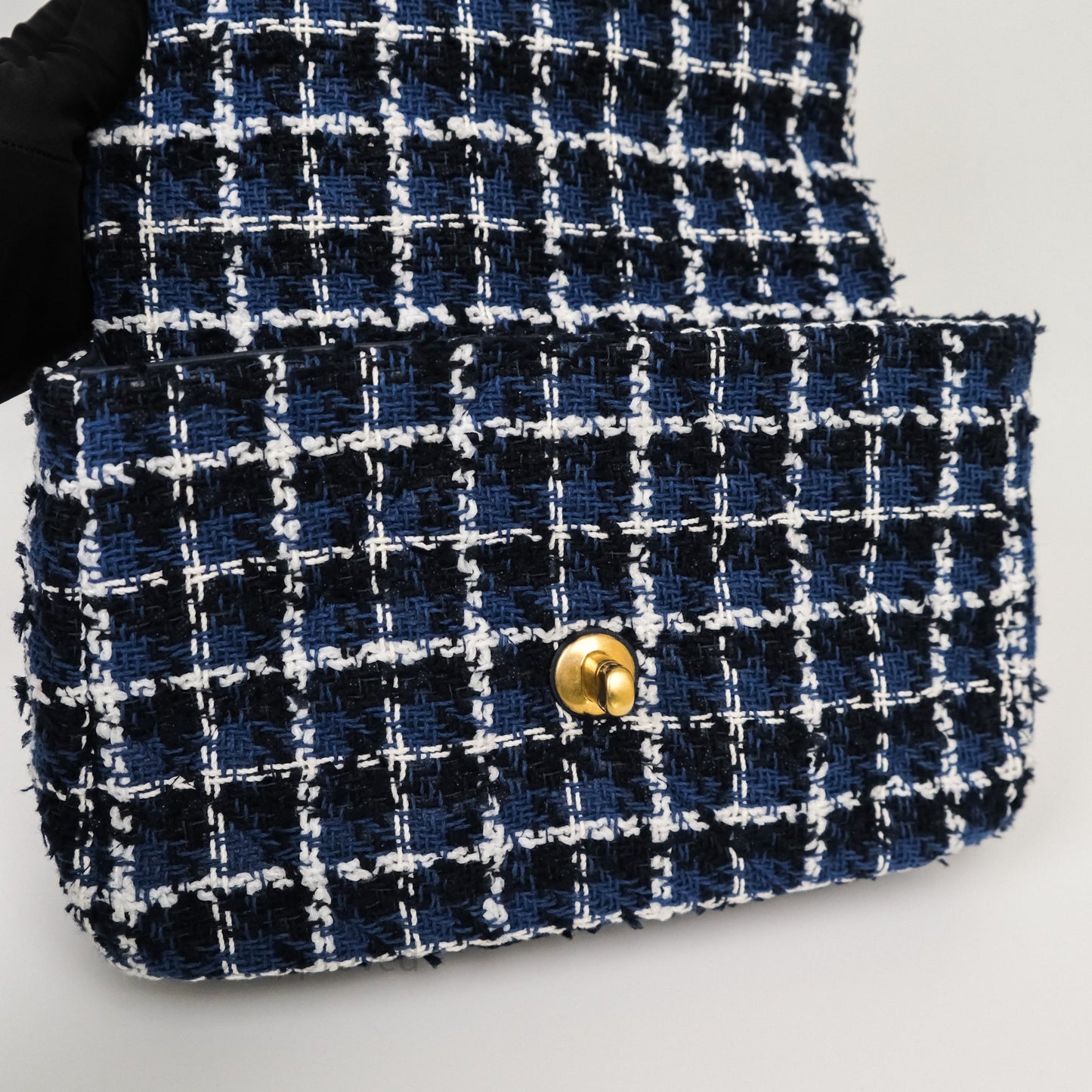 Chanel 19 Small Blue White Black Grid Tweed Mixed Hardware