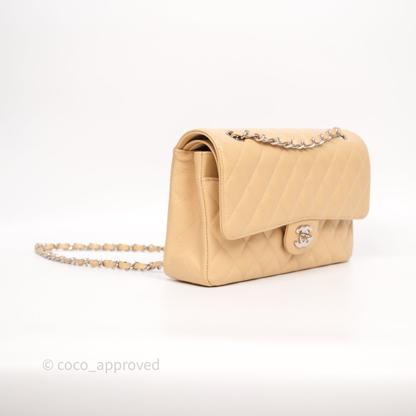 Chanel Classic M/L Medium Flap Quilted Beige Caviar Silver Hardware
