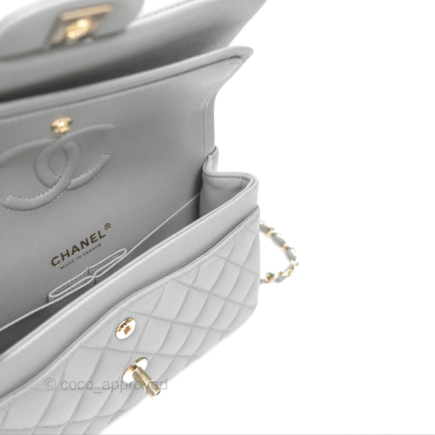Chanel Small Classic Quilted Flap Grey Caviar Gold Hardware