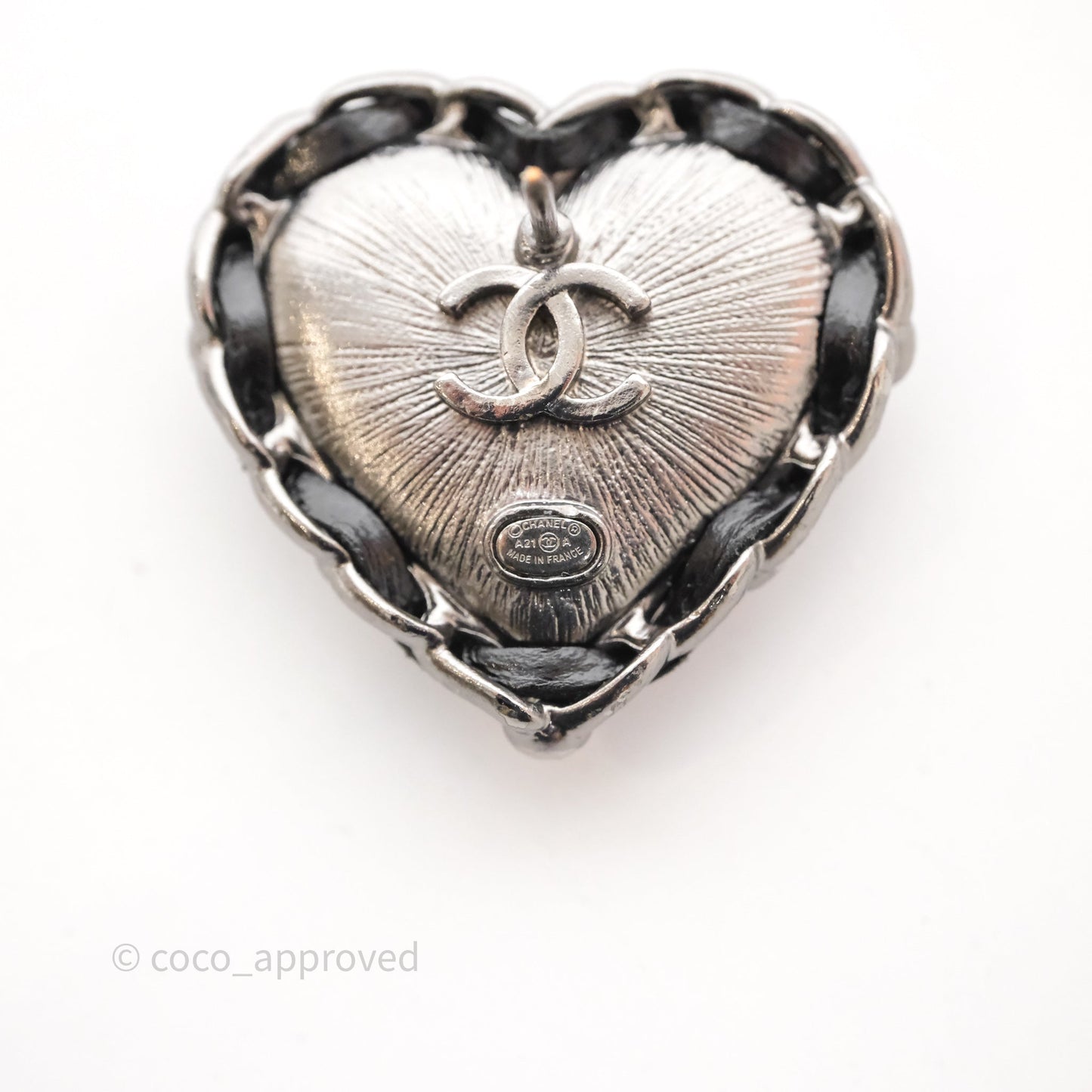 Chanel Crystal Braided Leather Heart Brooch Gun Metal 21A
