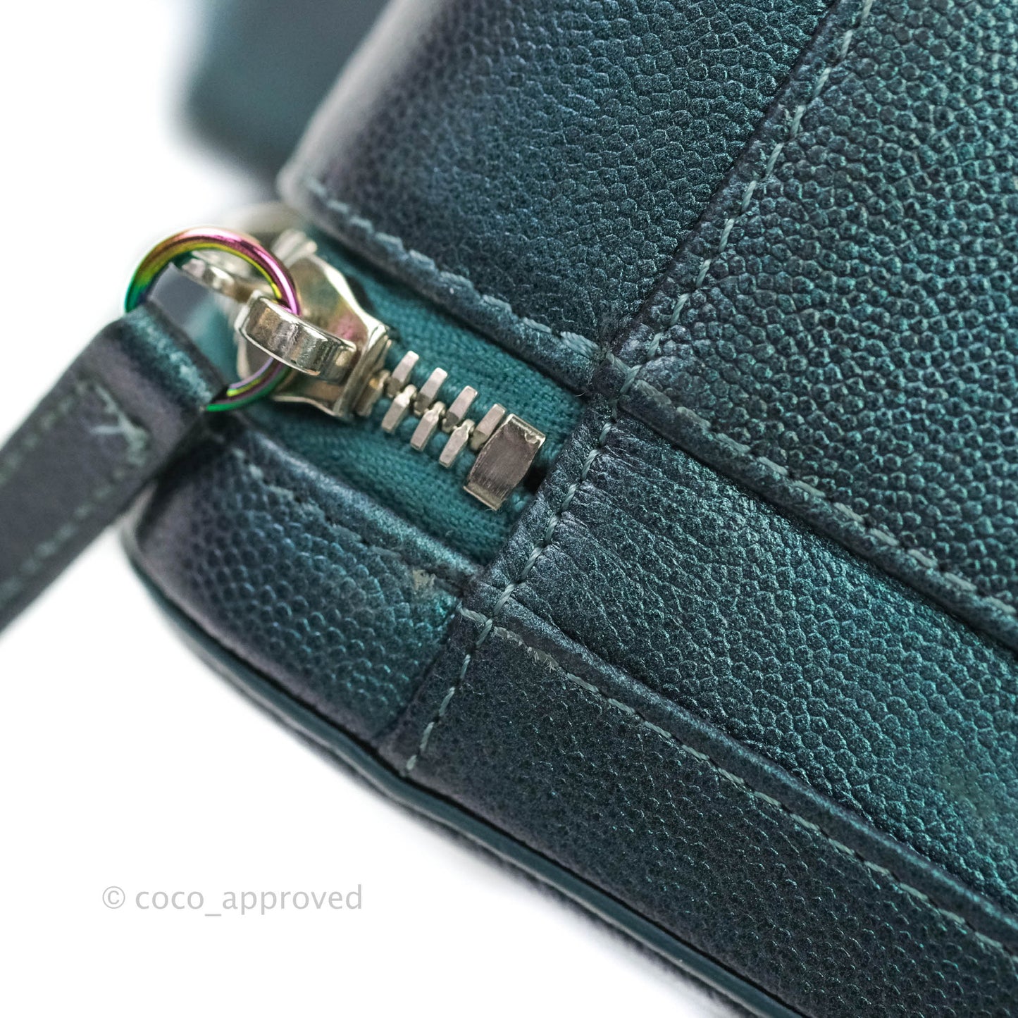 Chanel Quilted Medium CC Filigree Vanity Case Iridescent Dark Turquoise Caviar Rainbow Hardware
