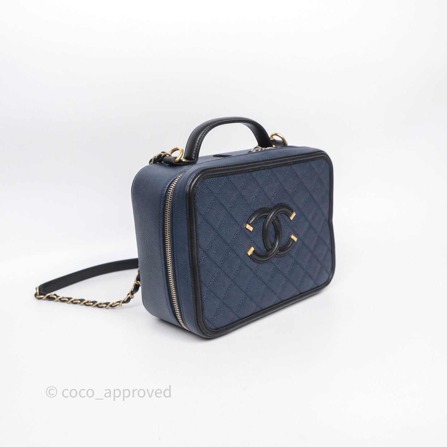 Chanel Quilted Large CC Filigree Vanity Case Navy Black Caviar Aged Gold Hardware