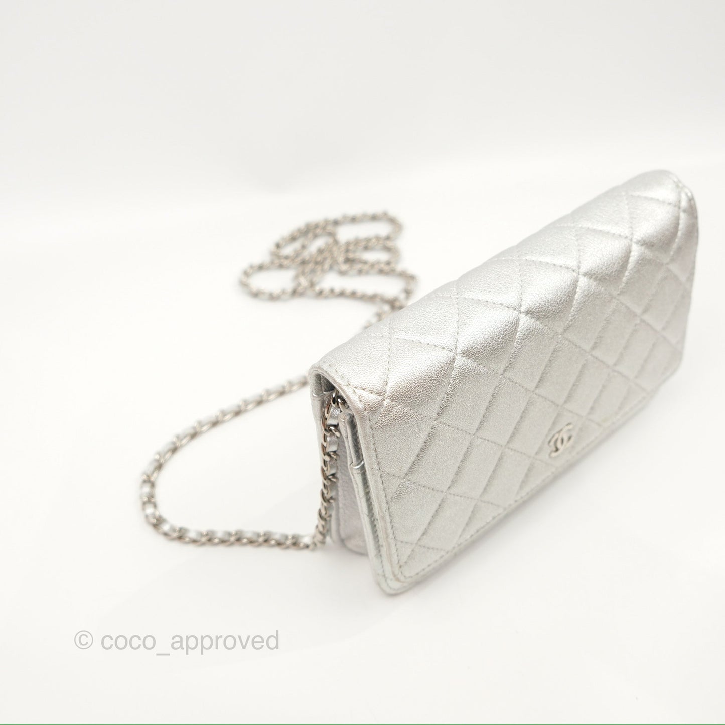 Chanel Quilted Wallet on Chain WOC Iridescent Silver Grained Lambskin Silver Hardware