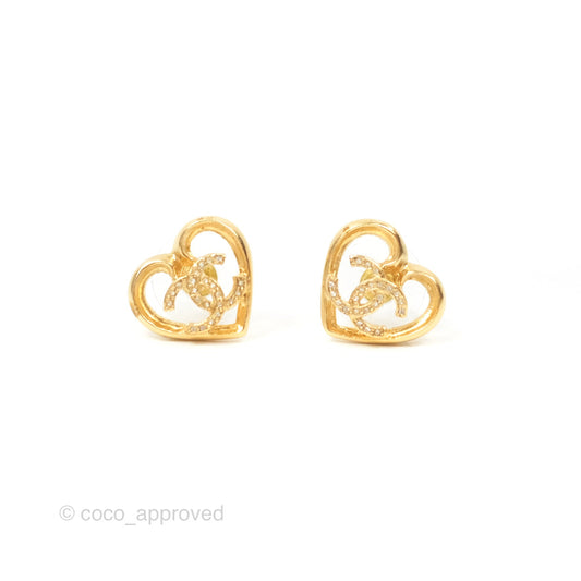 Chanel Crystal CC Heart Earrings Gold Tone 23C
