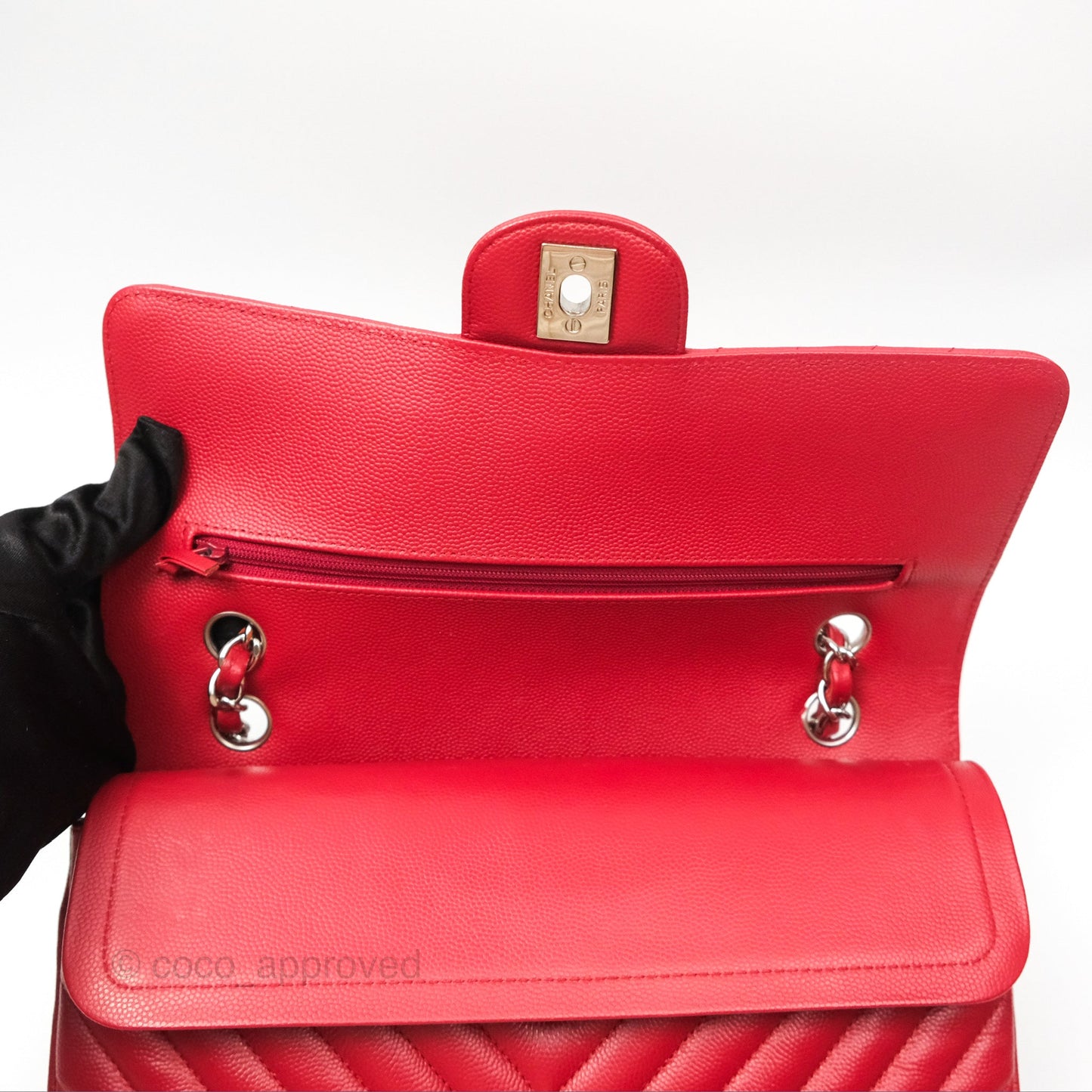 Chanel Medium Classic Flap Chevron Red Caviar Silver Hardware
