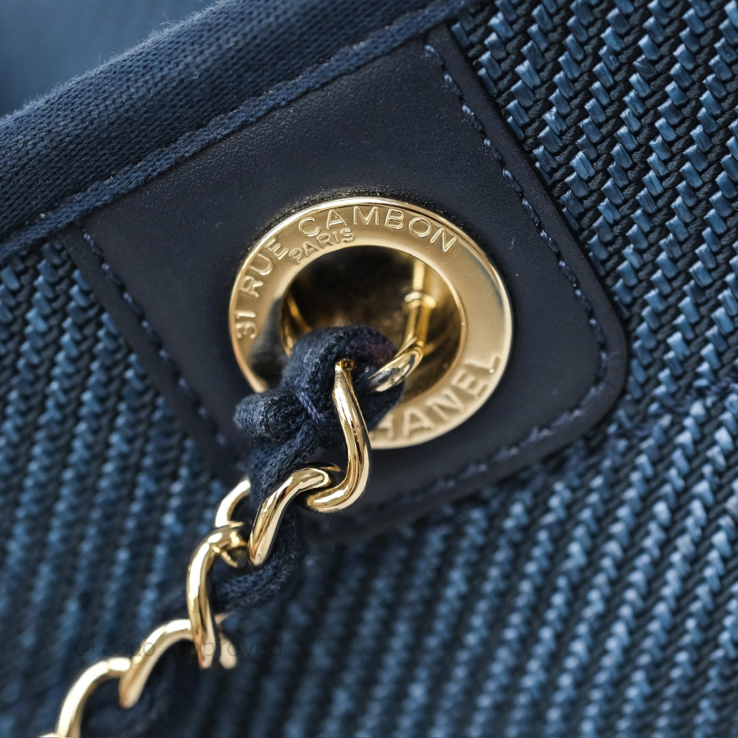 Chanel Medium Deauville Tote Navy Raffia Gold Hardware