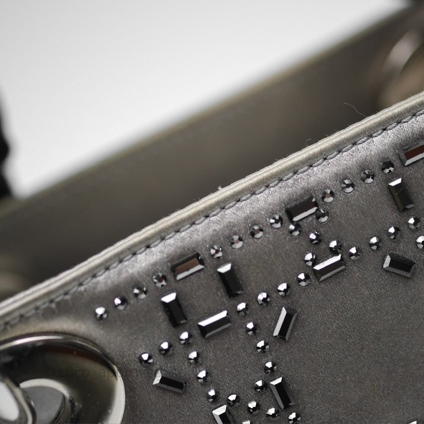 Christian Dior Mini Lady Dior Bag Grey Strass Cannage Satin Silver Hardware