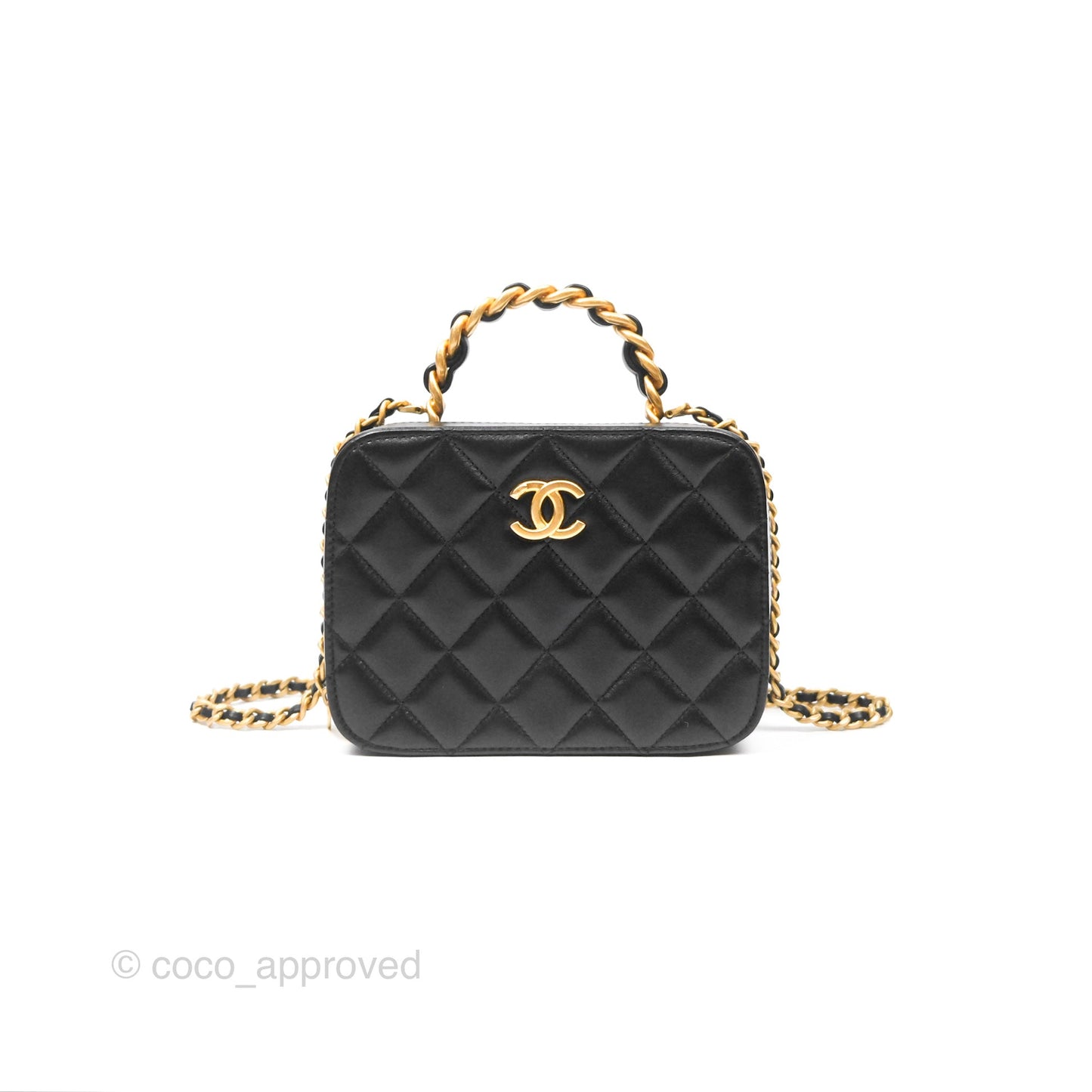 Chanel Top Handle Vanity Case Black Lambskin Aged Gold Hardware 22A