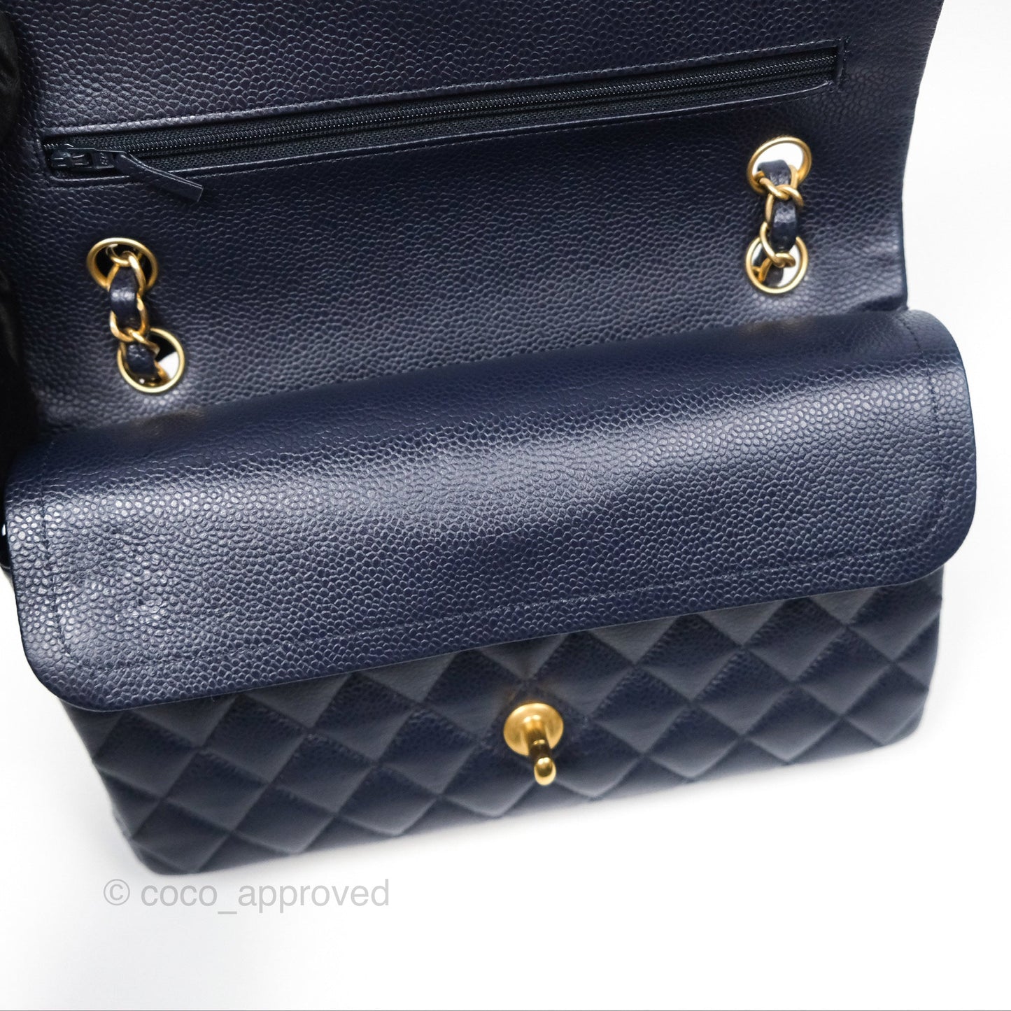 Chanel Classic M/L Medium Flap Quilted French Navy Caviar Aged Gold Hardware