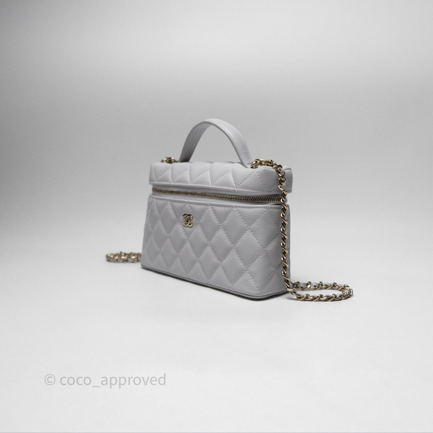 Chanel Top Handle Long Vanity with Chain Light Grey Caviar Gold Hardware