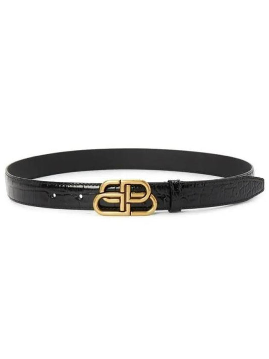 Luxury Balenciaga WoMen's Crocodile Embossed BB Buckle Thin Belt Black