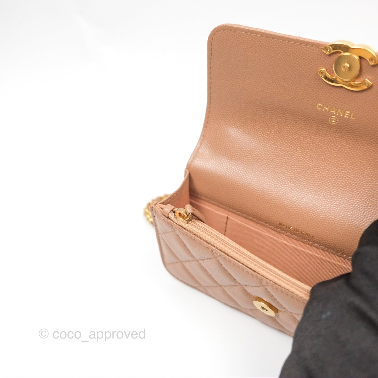 Chanel Coco First Phone Holder Dark Beige Caviar Gold Hardware 22K