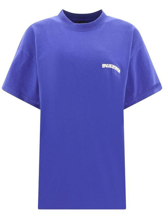 Luxury Balenciaga Embroidered Logo Short Sleeve T-Shirt Blue