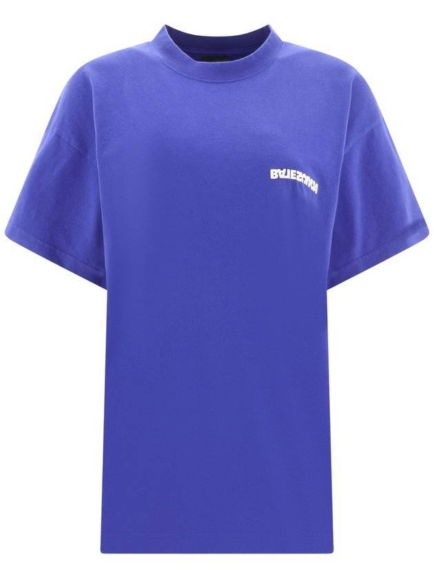 Luxury Balenciaga Embroidered Logo Short Sleeve T-Shirt Blue
