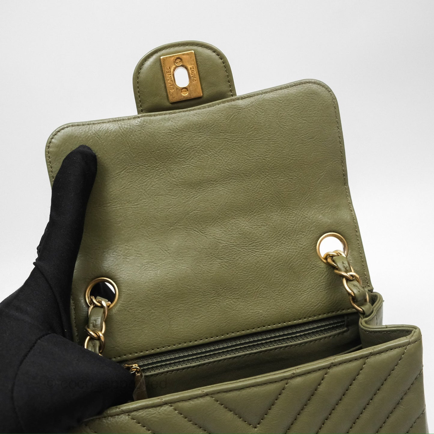 Chanel Mini Square Flap Chevron Olive Green Calfskin Gold Hardware