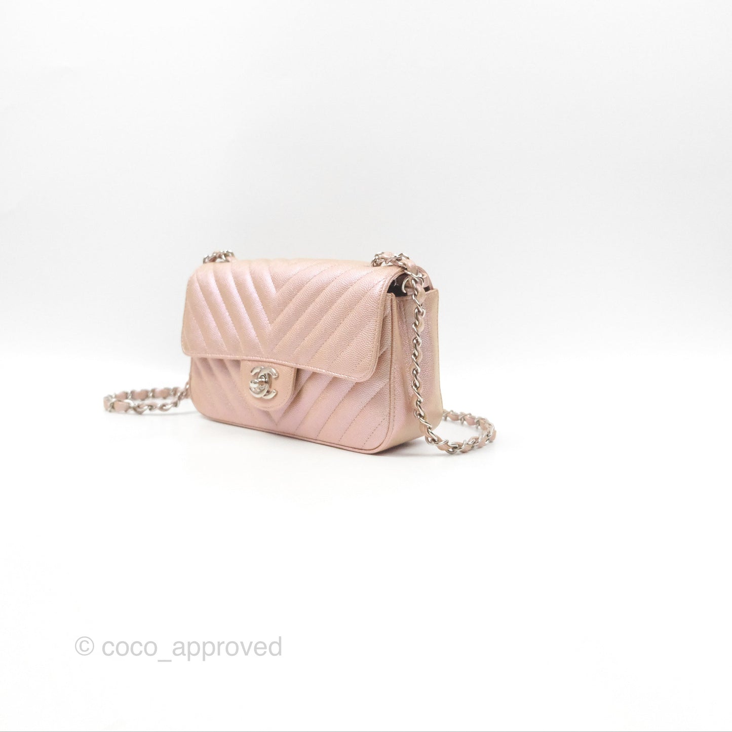 Chanel Chevron Mini Rectangular Flap Iridescent Rose Gold Caviar Ruthenium Hardware 17B