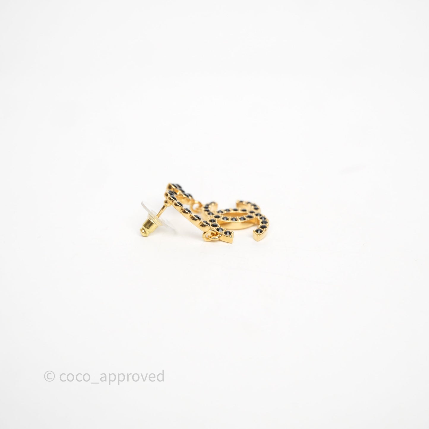 Chanel Black Crystal CC Floral Earrings Gold Tone 23A