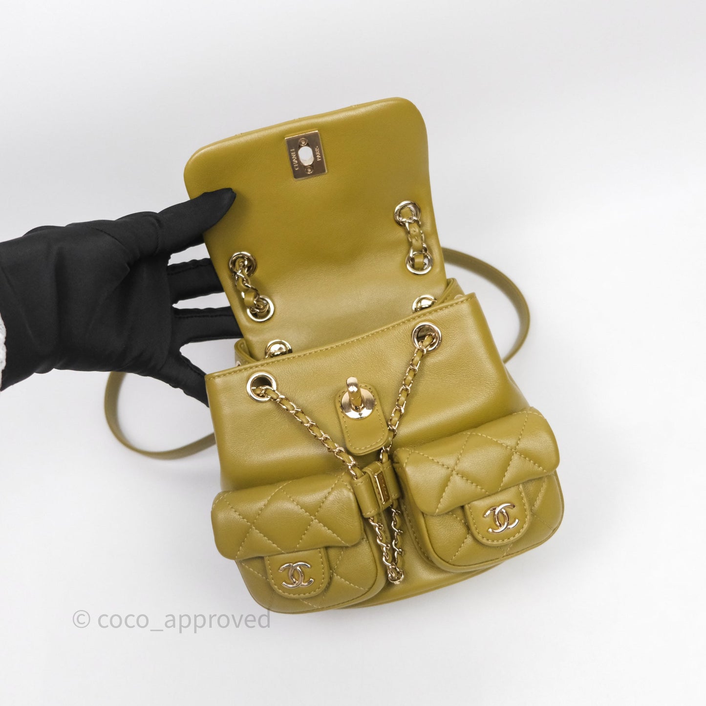 Chanel Mini Duma Backpack Olive Green Calfskin Gold Hardware