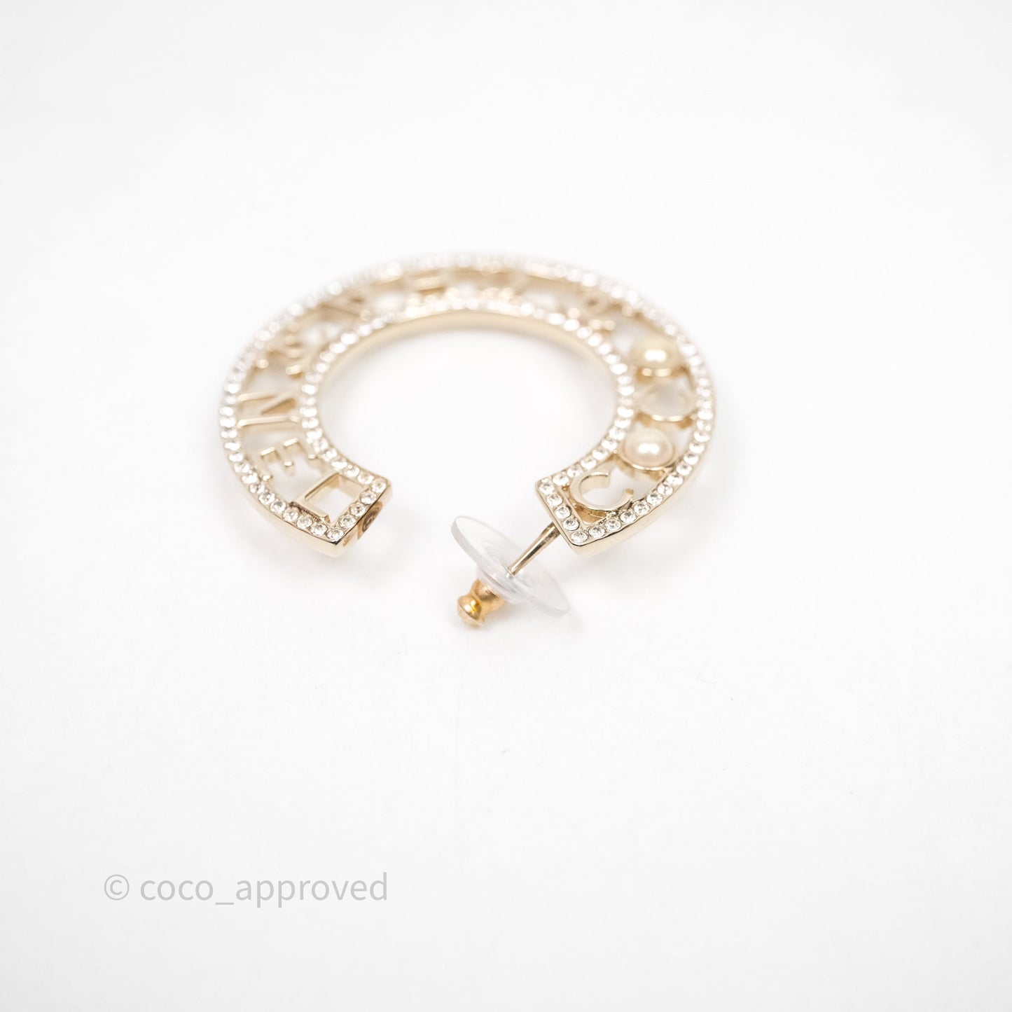 Chanel Crystal Pearl Bow-tiful CC Hoop Earrings Gold Tone 20B