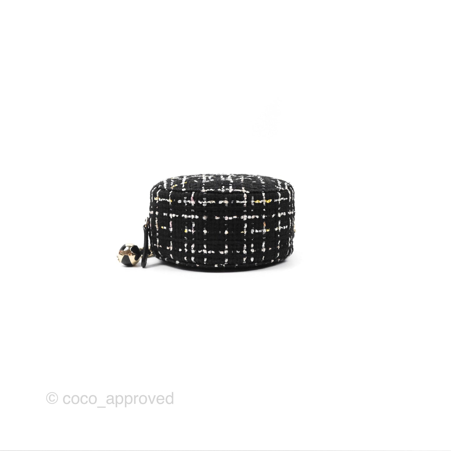 Chanel Classic Quilted Round Clutch With Chain Black Tweed Gold Hardware