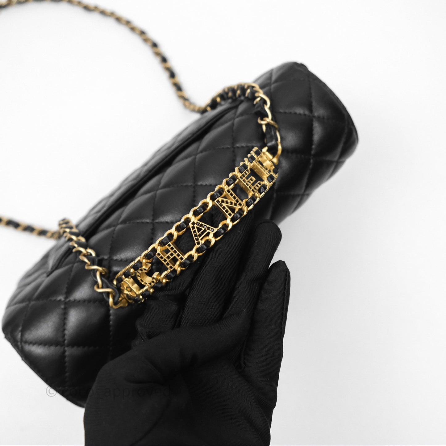 Chanel Logo Top Handle Small Flap Bag Black Lambskin Gold Hardware 24C